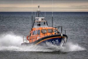 Clogherhead RNLI lifeboat travelling at speed at sea