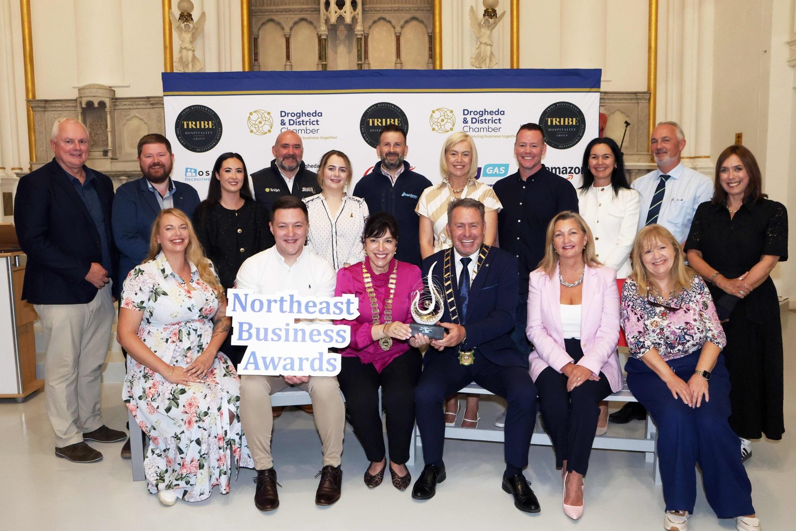 Sponsors, CEO of Louth County Council David Conway, Niall Gallagher from LEO Louth, Caitlin Harding from Flogas, Peter McGuinness from Tirlán, Amy King from Boann Distillery, Peter Murtagh, Irish Cement, Noeleen McGovern, Coca-Cola Drogheda, Morgan Cranley, Amazon, Shona McManus, Osborne, David McCloskey, Specsavers Drogheda, Caoimhe Mulroy, M+L Manufacturing, Shona Kelly, M1 Drogheda Chamber Skillnet, Aidan Ryan Junior from Main Sponsor Tribe Hospitality Group, Chamber President Miriam Simon, Mayor of Drogheda Declan Power, Suzanne Mulvey from City North Hotel and Regina Gosling from Hanley Energy at the Launch of Drogheda Chamber’s Northeast Business Awards 2026 at Highlanes Gallery, Drogheda.Photo - Jenny Callanan