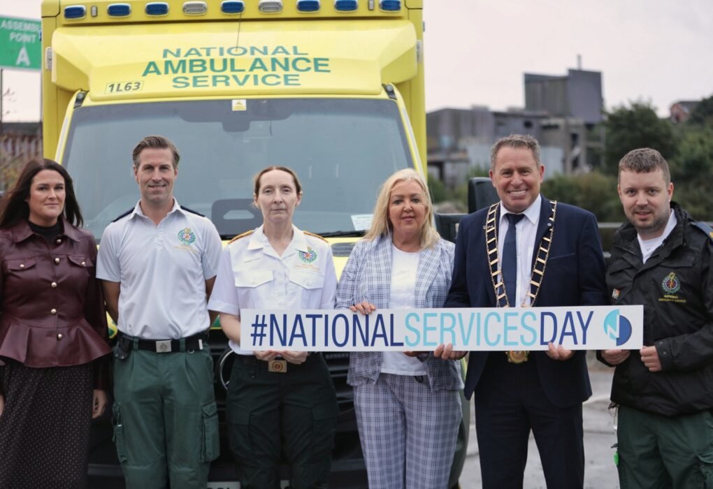 National Ambulance Service representatives and local officials at the launch of Drogheda National Services Day 2026