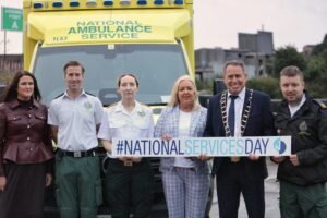 National Ambulance Service representatives and local officials at the launch of Drogheda National Services Day 2026