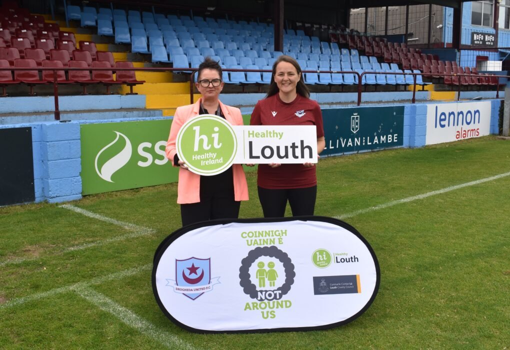 Healthy Louth and Drogheda United representatives promoting the Not Around Us campaign at Sullivan and Lambe Park