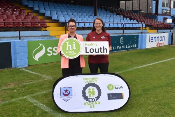 Healthy Louth and Drogheda United representatives promoting the Not Around Us campaign at Sullivan and Lambe Park