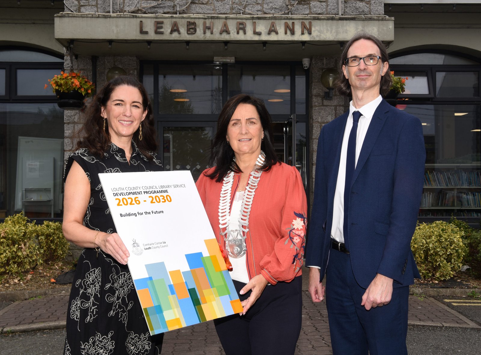 Louth County Council representatives launching the Library Service Development Programme 2026–2030 outside Ardee Library
