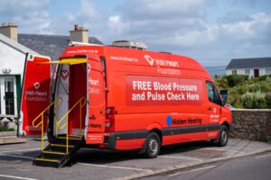 Irish Heart Foundation Mobile Health Unit offering free blood pressure and pulse checks