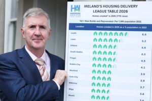 Martin Markey beside the 2026 Housing Delivery League Table showing Louth in first place