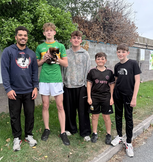 Group of young people pictured with the rescued kitten in Sandpit, Termonfeckin