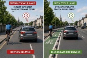 Graphic comparing traffic with and without a segregated cycle lane in Drogheda