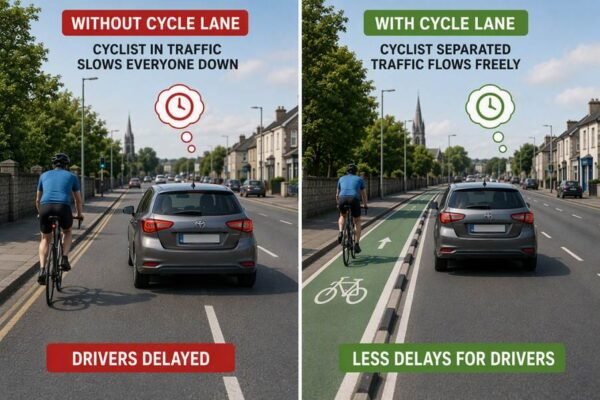 Graphic comparing traffic with and without a segregated cycle lane in Drogheda