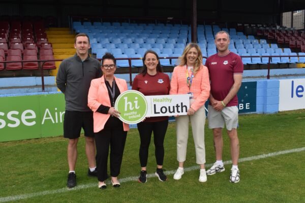 Drogheda United and Healthy Louth representatives at Sullivan and Lambe Park for the Homeless Street League