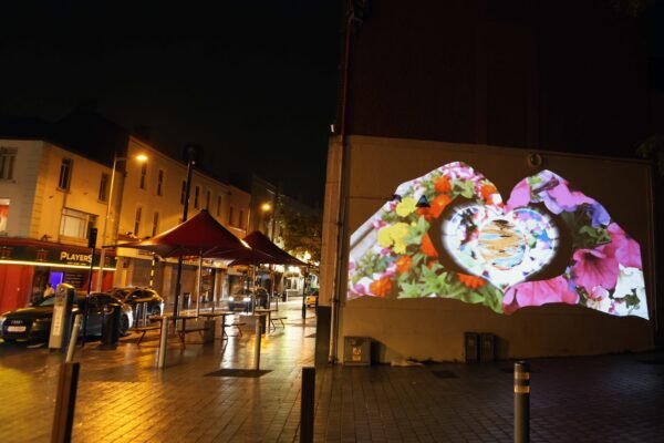 Night Moves light projection displayed on a building in Drogheda during Culture Night
