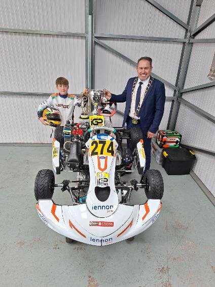 Danny Murphy beside his kart with Mayor of Drogheda Declan Power after his Irish Grand Prix success