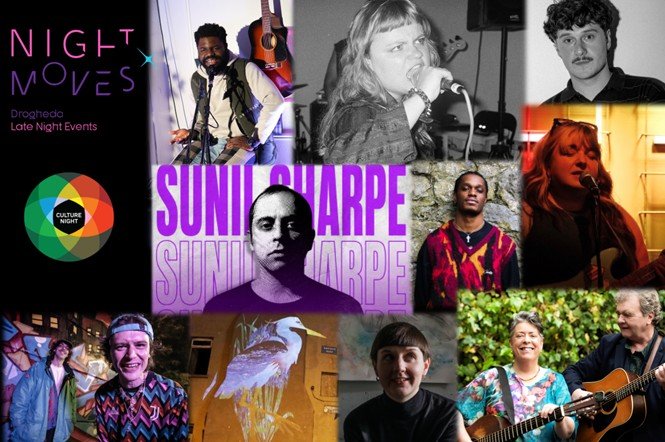 Caption:
Night Moves Culture Night Late will bring free music, film, projections, trad, techno and late-night arts events to venues across Drogheda. Night Moves Culture Night Late promotional image featuring performers and artists taking part in Drogheda events