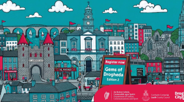 Gems of Drogheda Edition 2 promotional graphic featuring illustrated Drogheda landmarks