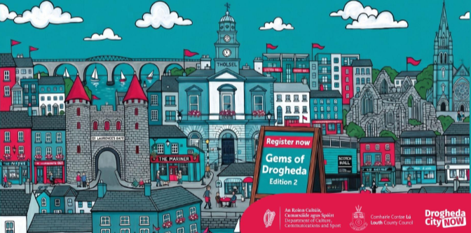 Gems of Drogheda Edition 2 promotional graphic featuring illustrated Drogheda landmarks