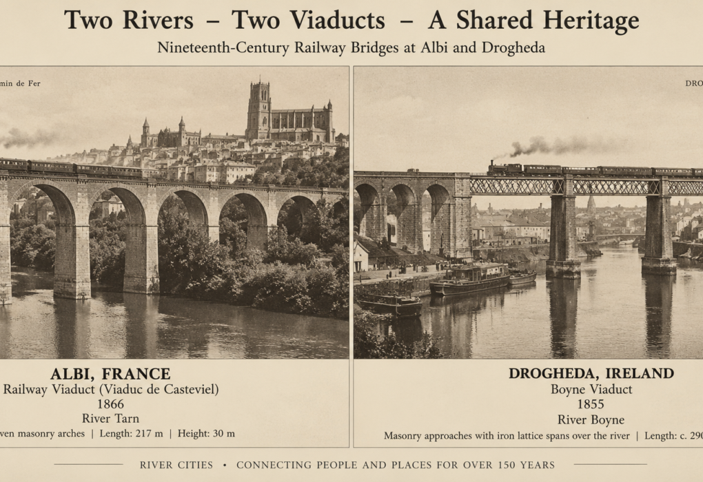 Historic comparison of the railway viaducts in Albi, France and Drogheda, Ireland