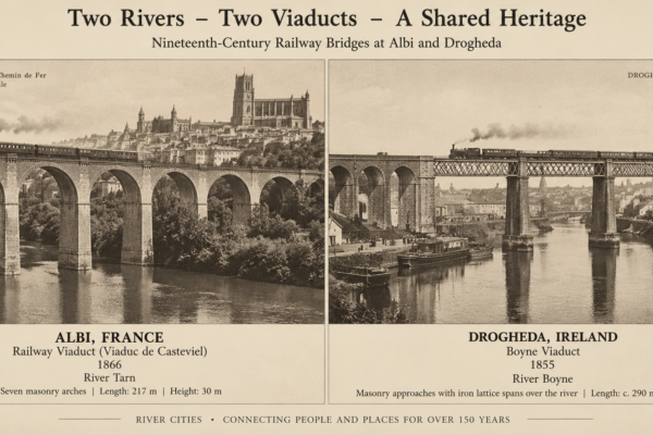 Historic comparison of the railway viaducts in Albi, France and Drogheda, Ireland