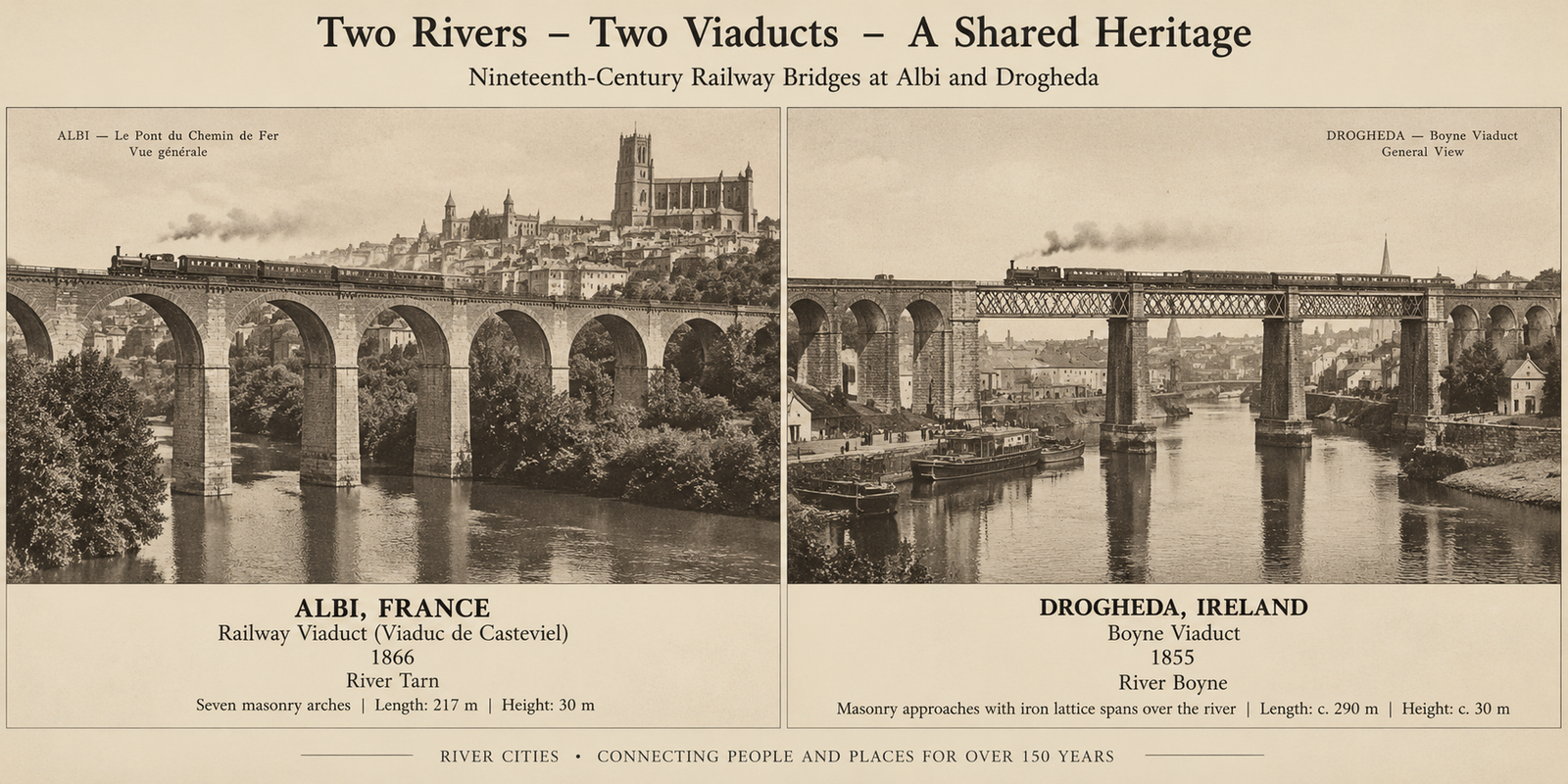 Historic comparison of the railway viaducts in Albi, France and Drogheda, Ireland