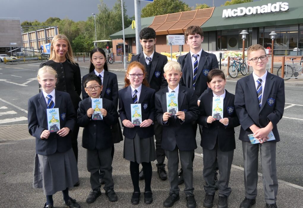 Dundalk Grammar School pupils and staff promoting the Park ‘n’ Stride initiative during Road Safety Week