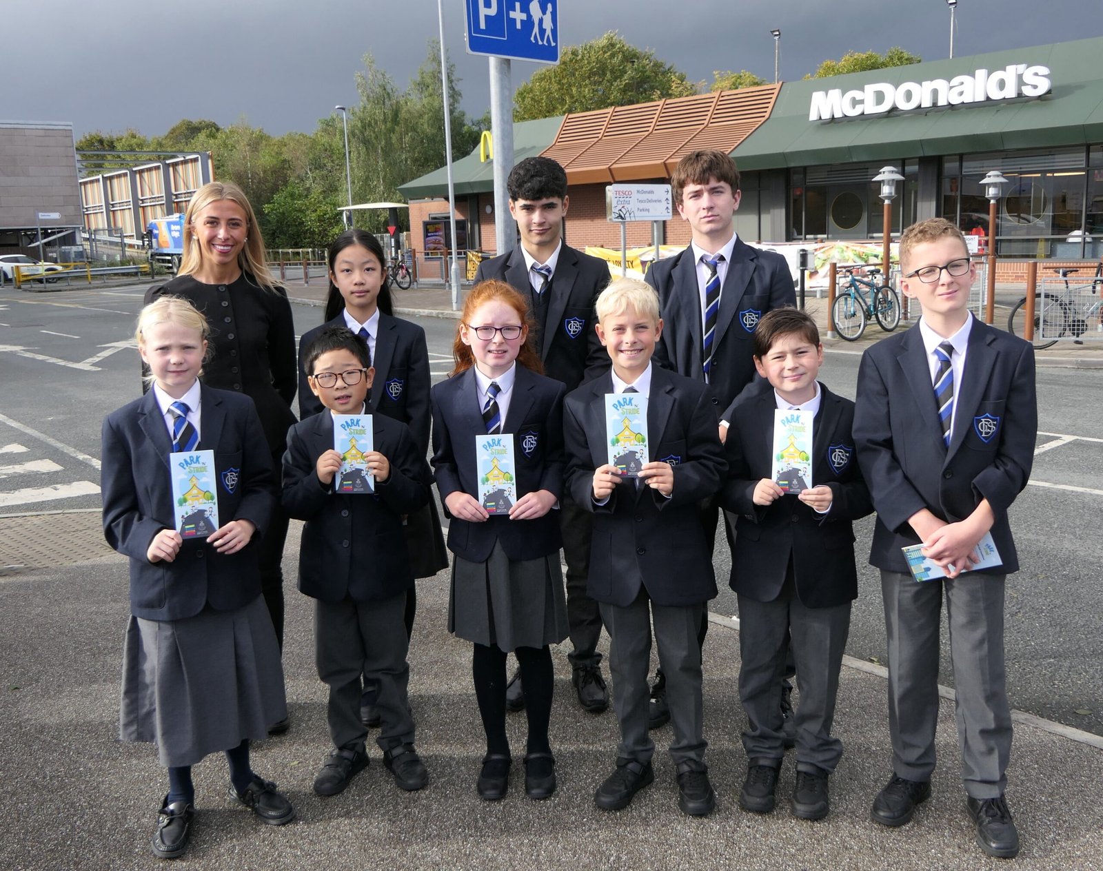 Dundalk Grammar School pupils and staff promoting the Park ‘n’ Stride initiative during Road Safety Week