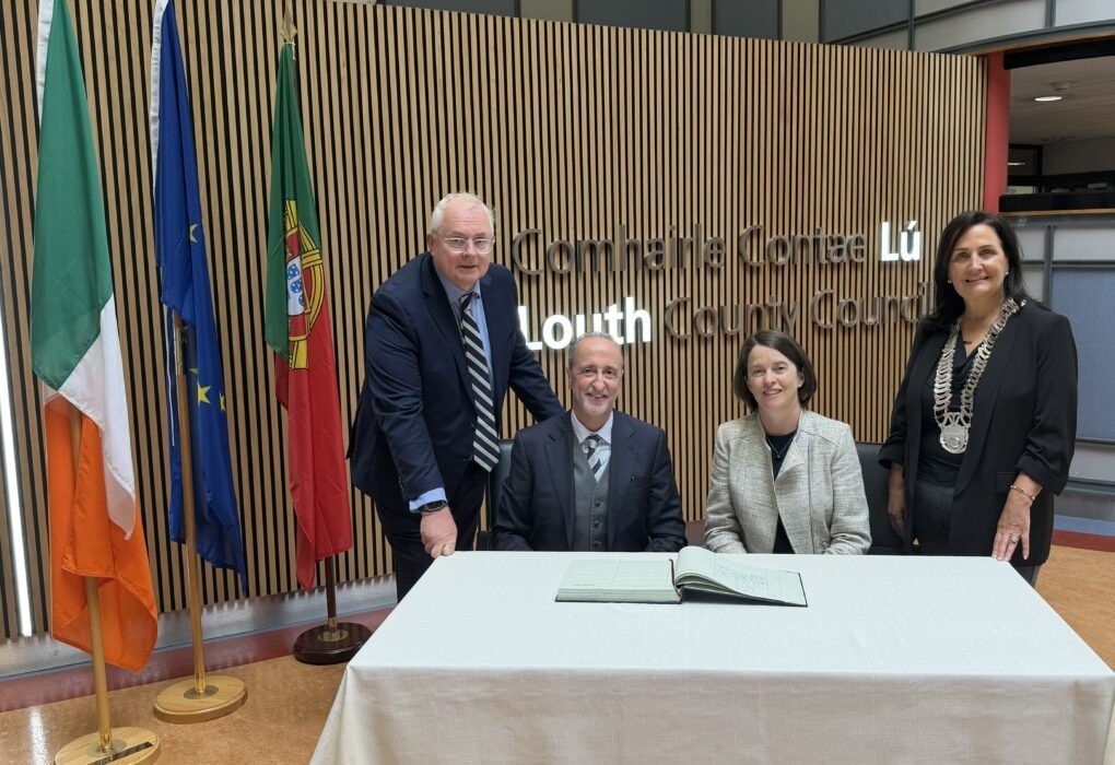 Irish and Portuguese ambassadors pictured with Louth County Council representatives at County Hall in Dundalk during the county partnership visit