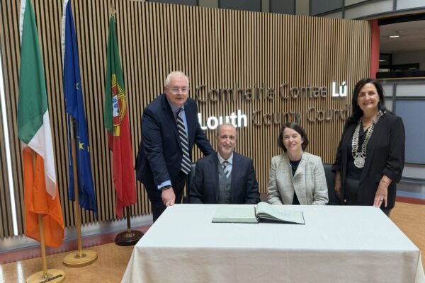 Irish and Portuguese ambassadors pictured with Louth County Council representatives at County Hall in Dundalk during the county partnership visit
