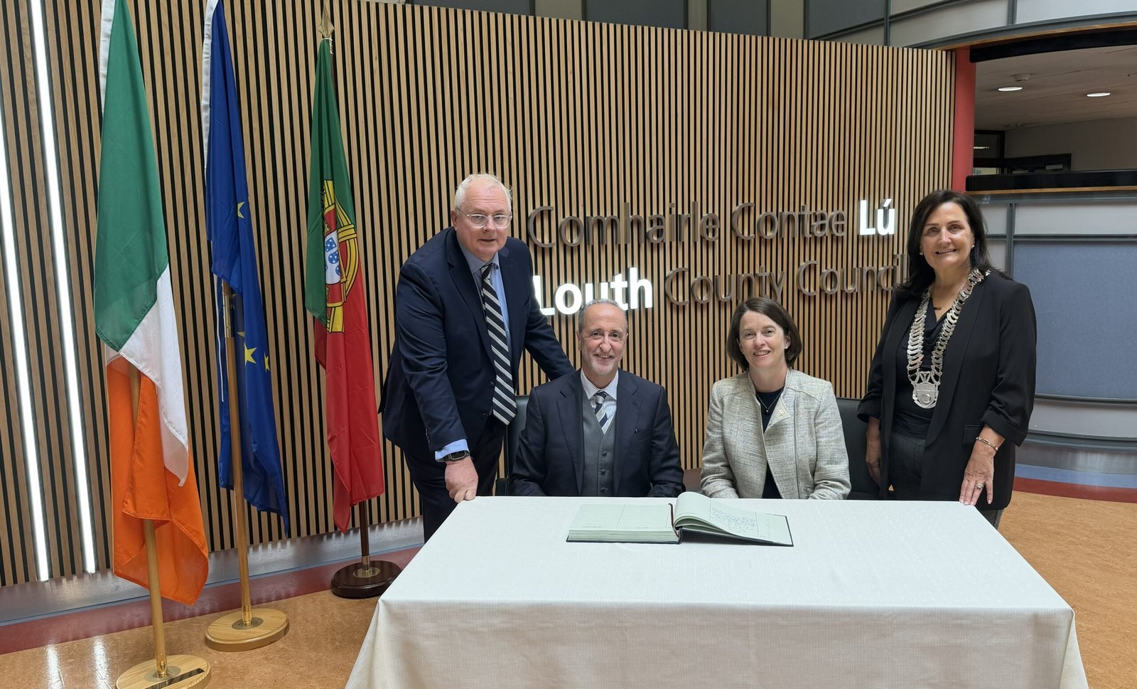 Irish and Portuguese ambassadors pictured with Louth County Council representatives at County Hall in Dundalk during the county partnership visit