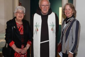 Three attendees pictured at Highlanes Gallery during its 20th anniversary event marking the Franciscan Church gift to Drogheda