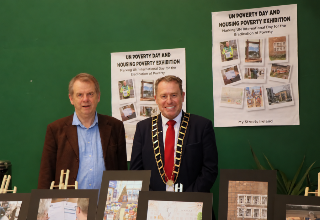 Michael O’Dowd Director of My Streets Ireland, and Cllr Declan Power Mayor of Drogheda pictured at the UN Poverty Day and Housing Poverty Exhibition at the Barbican Centre in Drogheda, with exhibition photographs on display